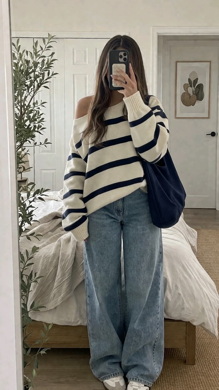 Slouchy Striped Knit and Wide-Leg Denim