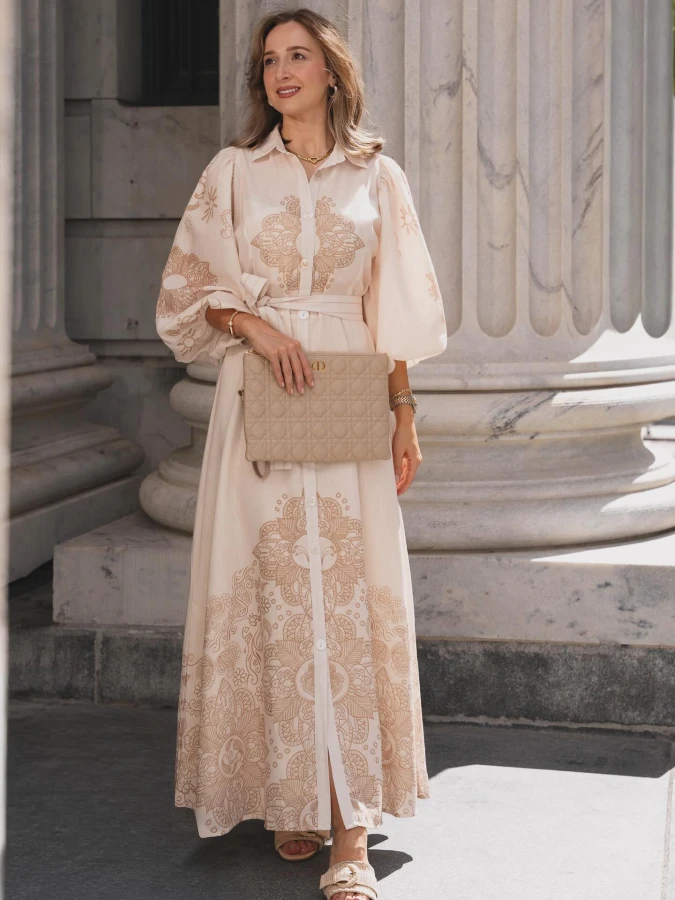 Soft Beige Printed Shirt Maxi Dress with Elegant Modest City Style for Petite Women