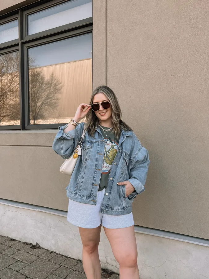 Soft Blue Denim, Gray Lounge Shorts, Relaxed Casual Style for a New Mom First Outing