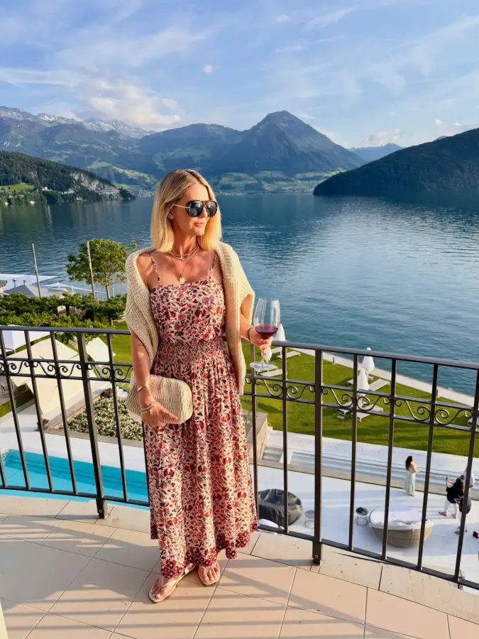 Soft Floral Maxi Dress and Cozy Knit Layer Anniversary Date Look