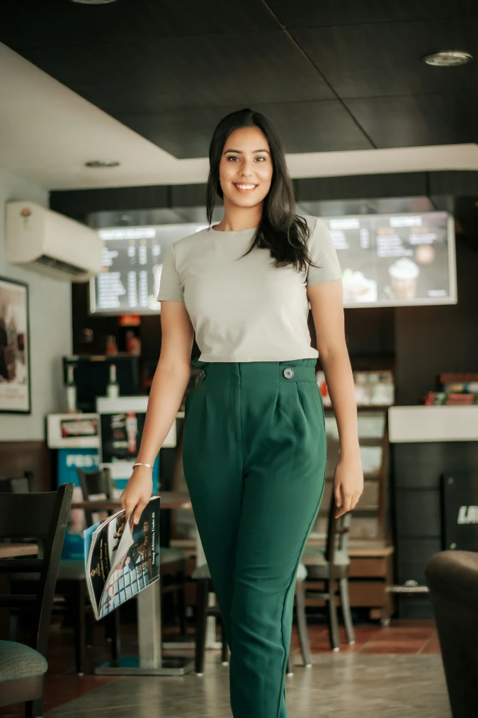 Soft Gray Tee with Emerald High Waist Trousers
