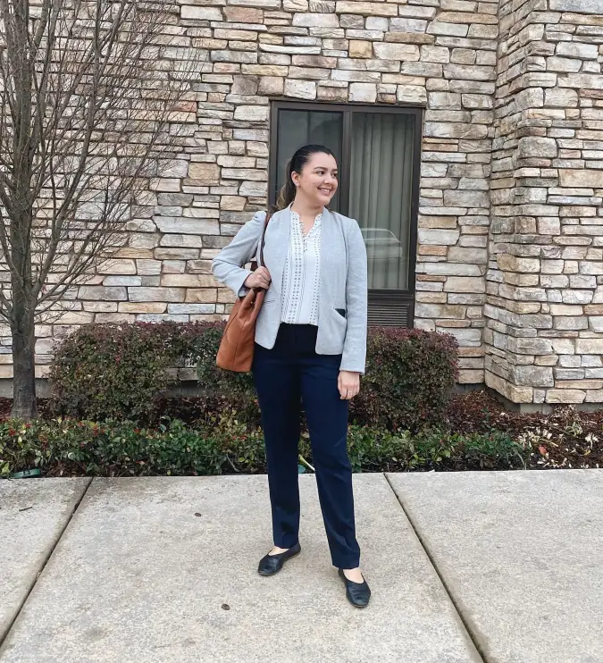 Soft Grey Blazer and Navy Trousers