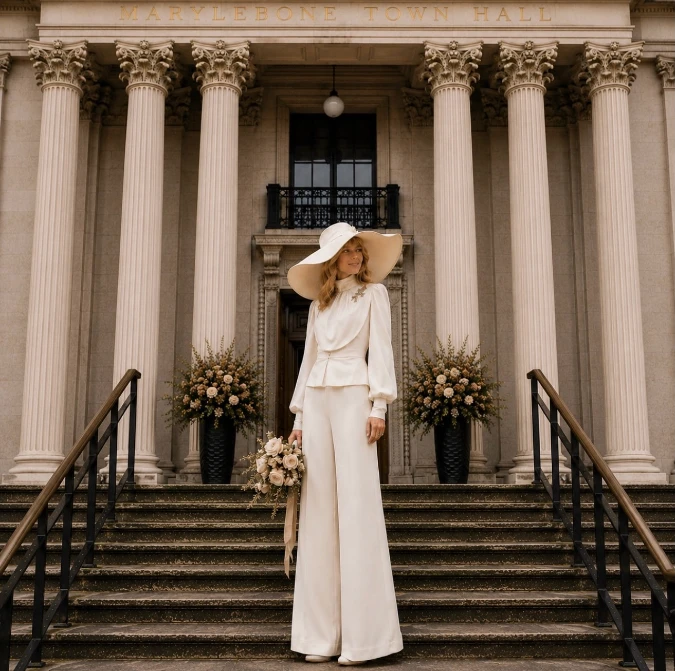 Soft Ivory Draped Wide Leg Bridal Shower Outfit For The Bride