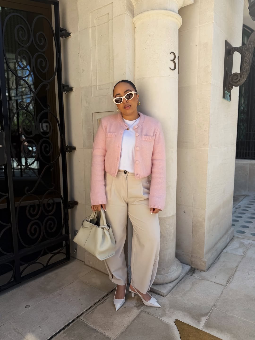 Soft Pastel Structured Knit and Neutral Wide-Leg Trousers Creative Interview Elegance