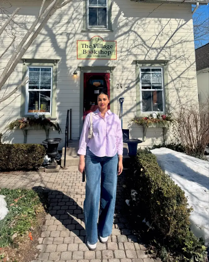 Soft Pink Button Down, Wide Leg Denim, Casual Bookshop Day Style for a New Mom First Outing