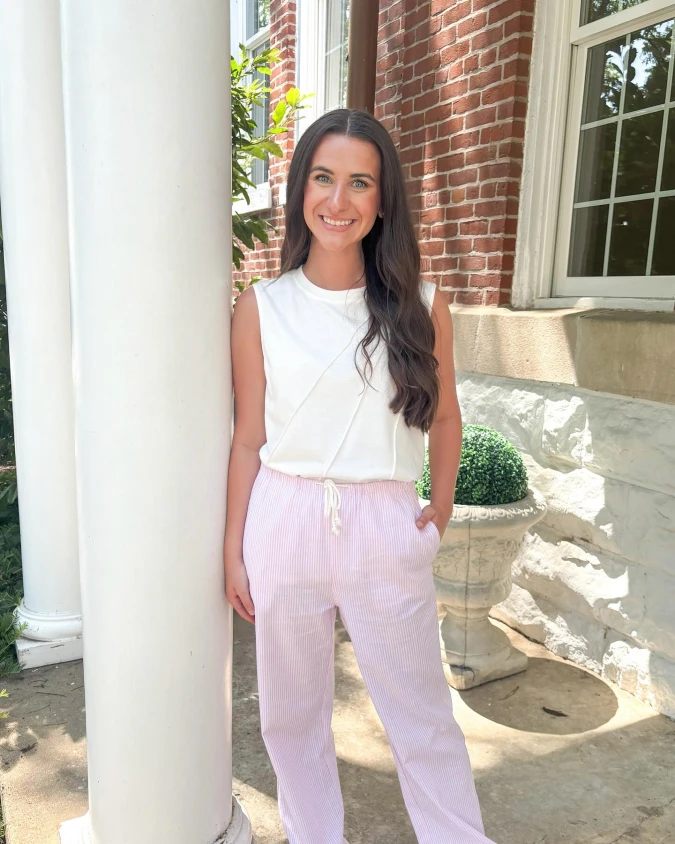Soft Pink Stripe Joggers and White Sleeveless Top for Sorority Recruitment Round 1