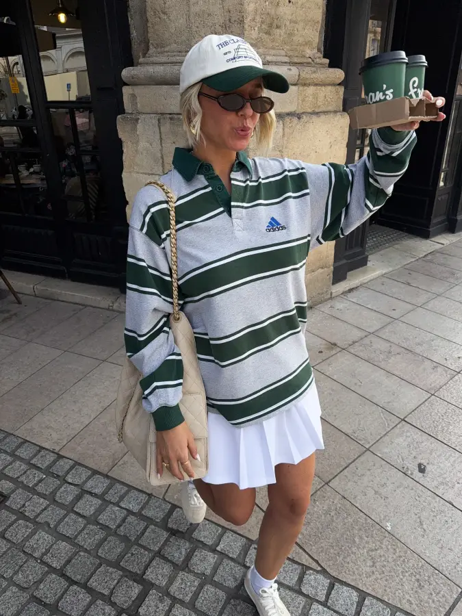 Sporty Green Striped Rugby Top With White Tennis Skirt For School Pickup Mom Style