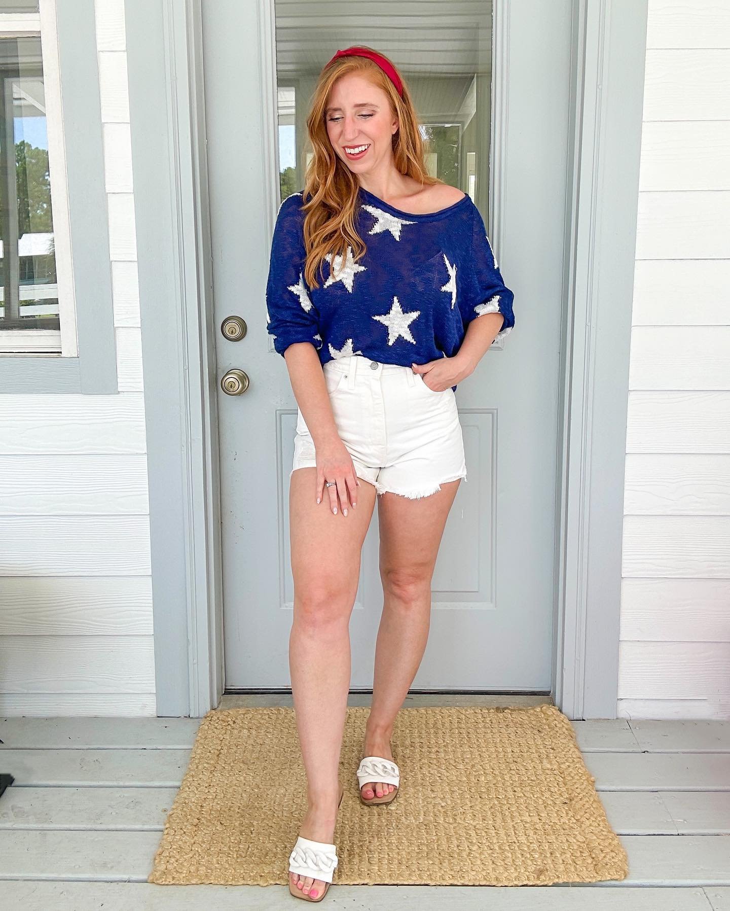 Star-Print Lightweight Knit and White Denim Shorts