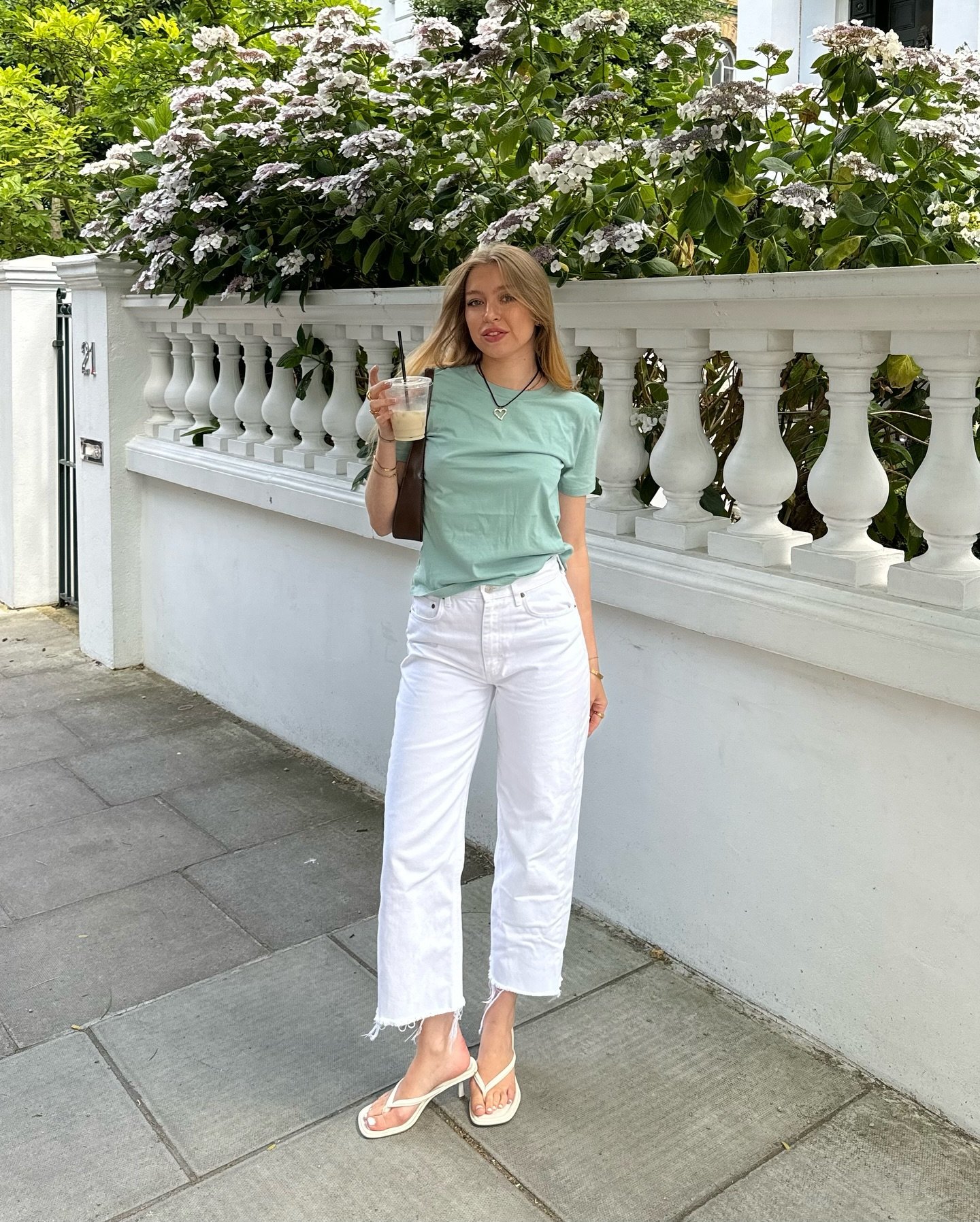 Straight-Leg Frayed Denim with Sage Green Tee and Thong Heeled Sandals