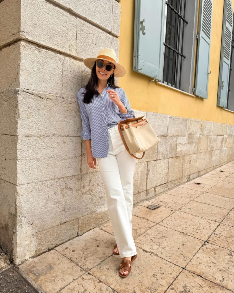 Straight-Leg White Denim with Striped Oxford Shirt and Straw Fedora