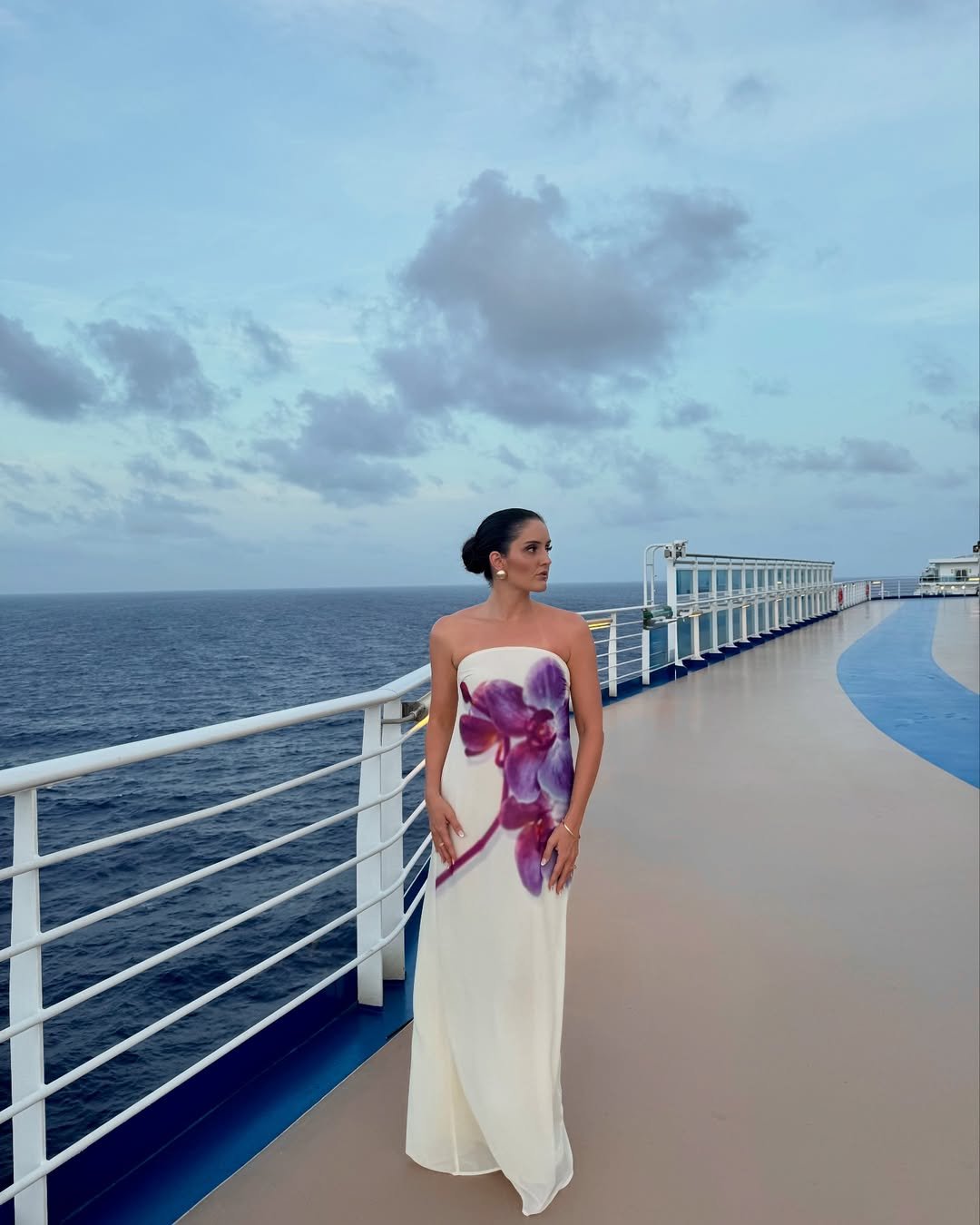 Strapless Ivory Gown with Oversized Purple Orchid Print