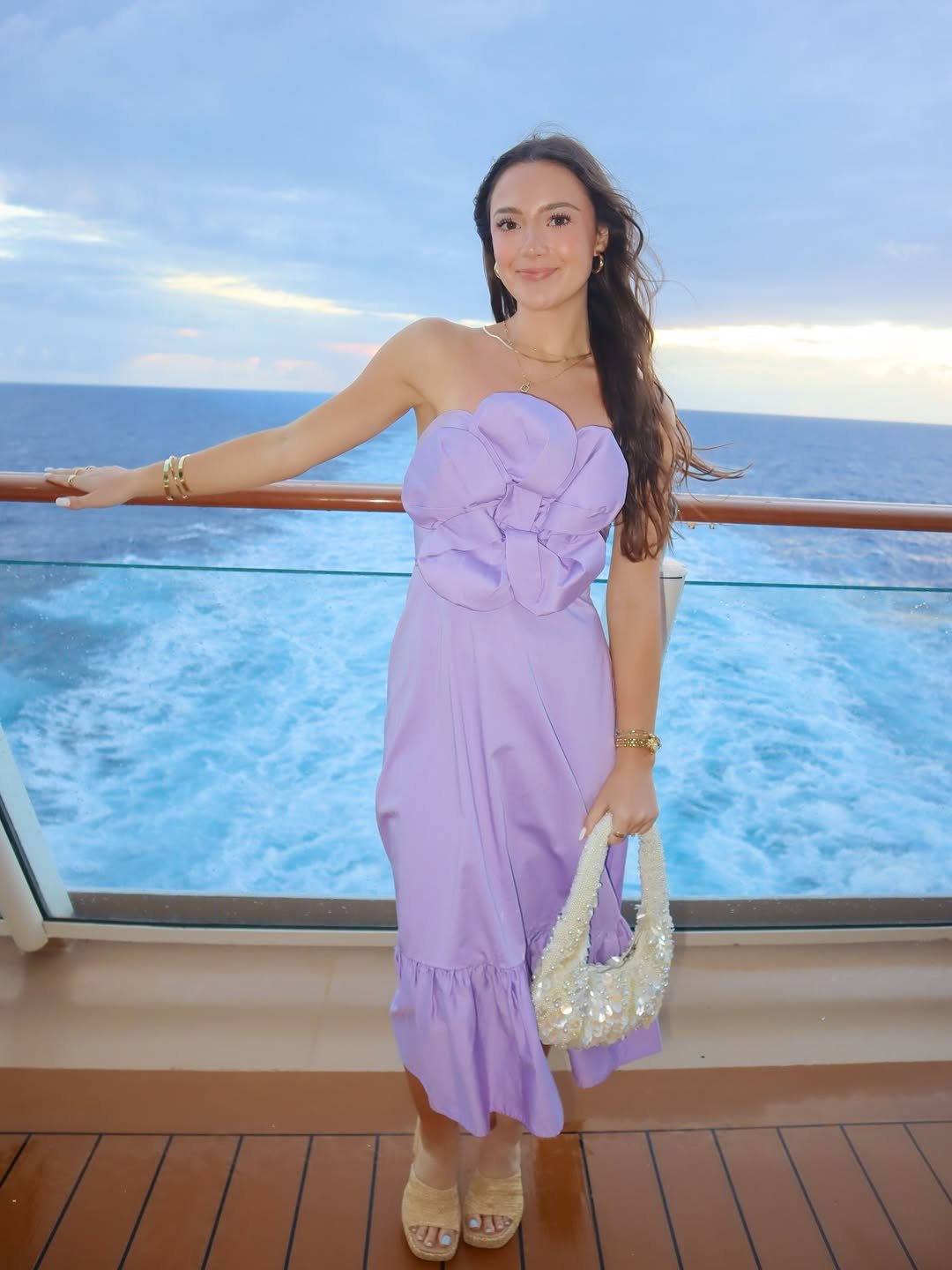 Strapless Lilac Midi Dress with Sculptural Floral Bodice and Woven Wedges