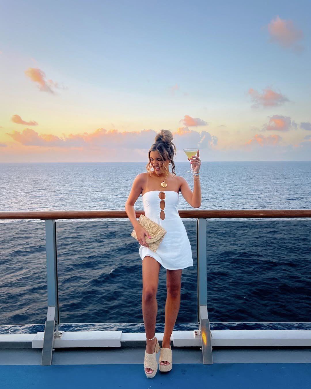 Strapless White Cutout Mini Dress with Woven Raffia Accessories