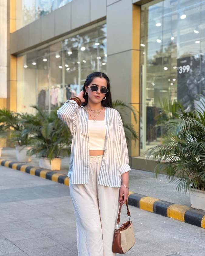 Striped Button Shirt With Cream Wide Leg Pants