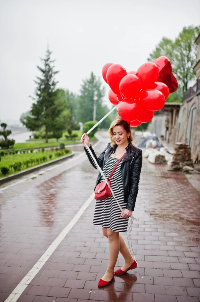 Striped Dress With Leather Jacket And Red Flats