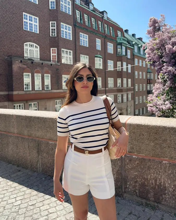 Striped Knit Tee With Tailored White Shorts