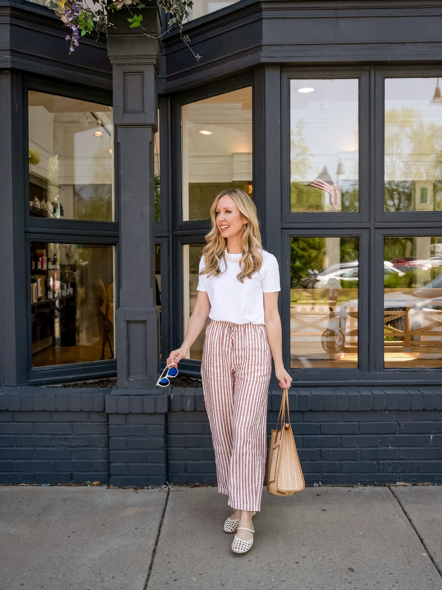 Striped Linen Trousers with Classic White Tee and Woven Tote