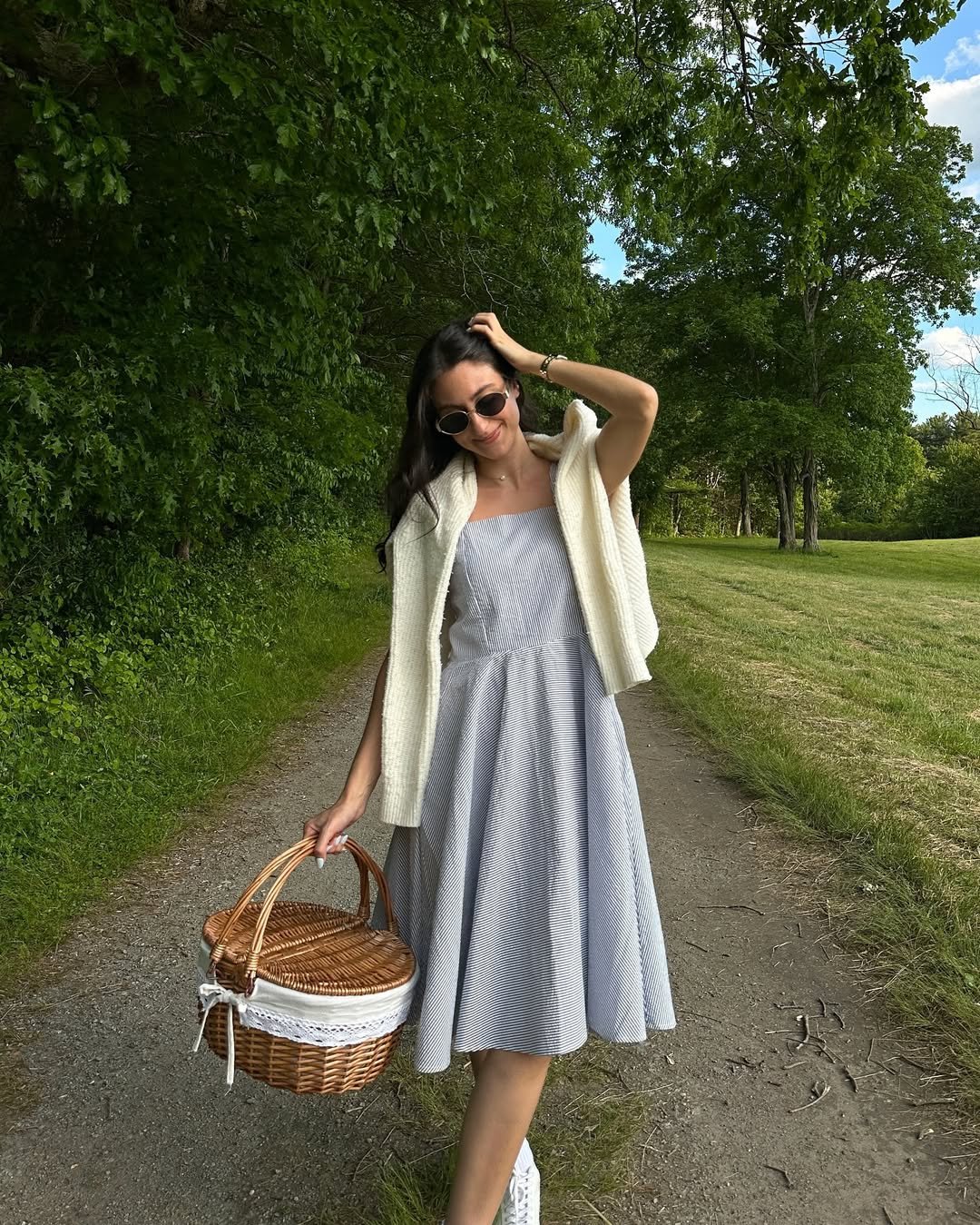 Striped Midi Dress with a Draped Chunky Knit Sweater