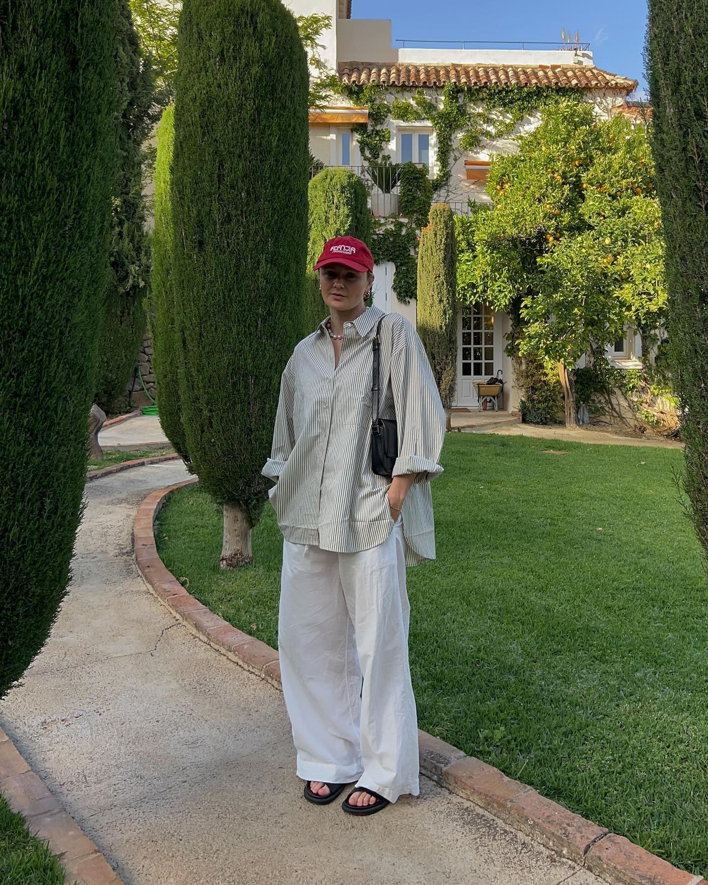 Striped Oversized Shirt with White Wide-Leg Linen Pants