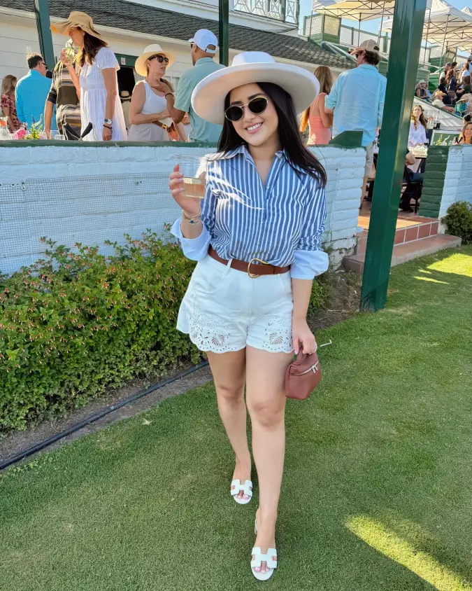 Striped Shirt with Tailored White Shorts and Leather Belt at Polo Club Lawn Walk
