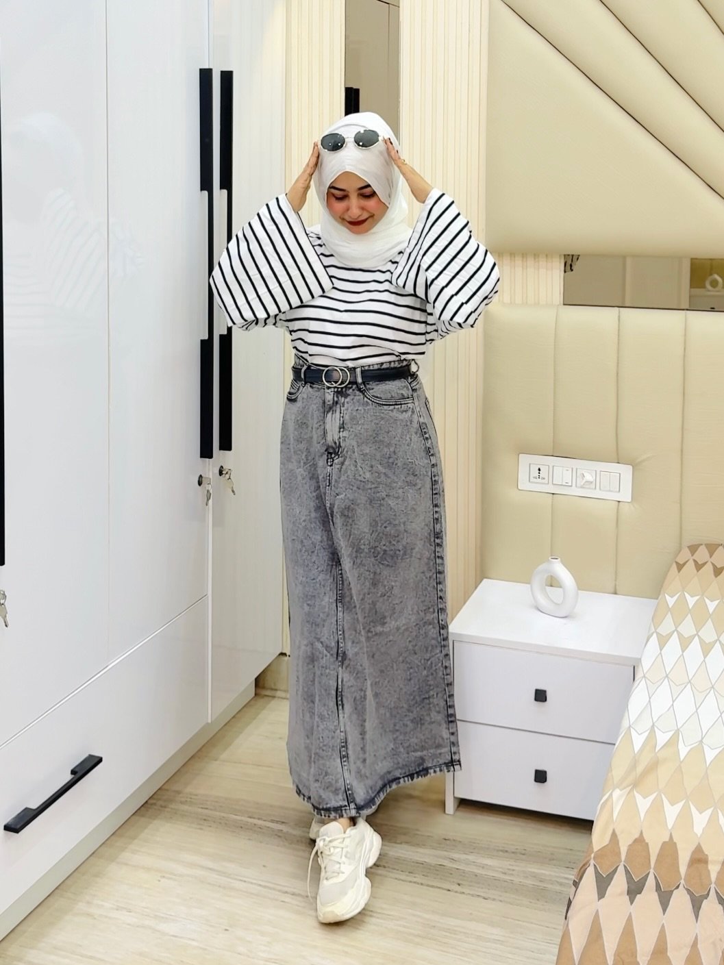 Striped Top, Washed Skirt, Comfy Fit Smart Modest Look for Conferences