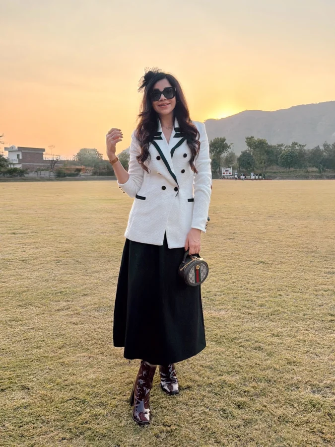  Structured Blazer with Black Midi Skirt and Cowboy Boots at Sunset Polo Field