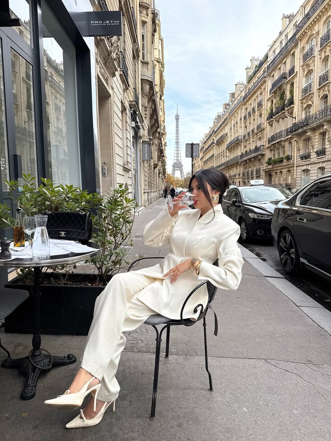 Structured Cream Pantsuit with Chunky Gold Statement Jewelry and Slingback Heels