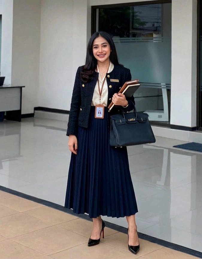 Structured Navy Blazer & Pleated Skirt