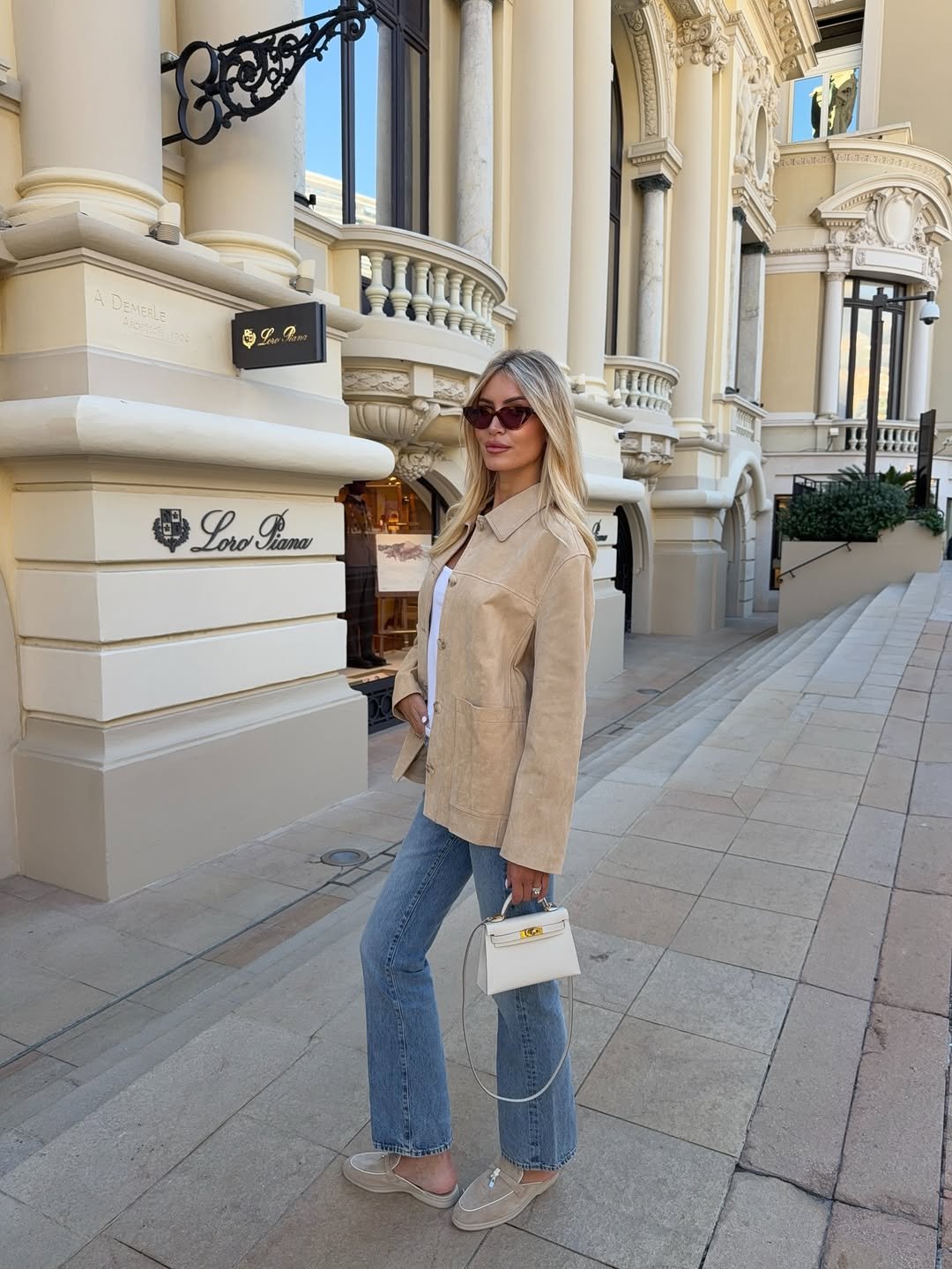 Suede Shirt Jacket with Straight-Leg Blue Jeans and Neutral Backless Mules