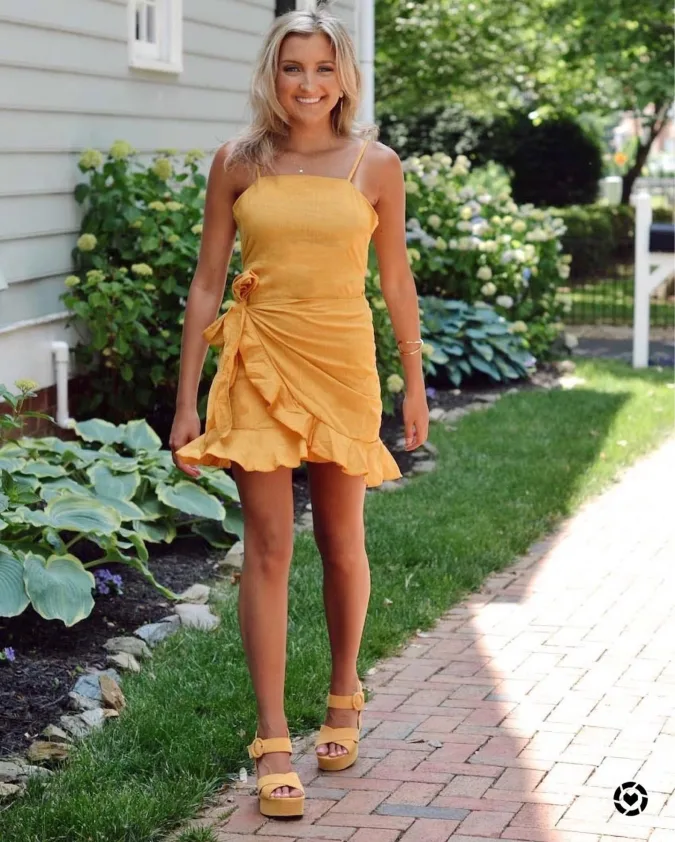 Sunny Marigold Wrap Dress and Platform Sandals Garden Party Style for Sorority Recruitment Round 1