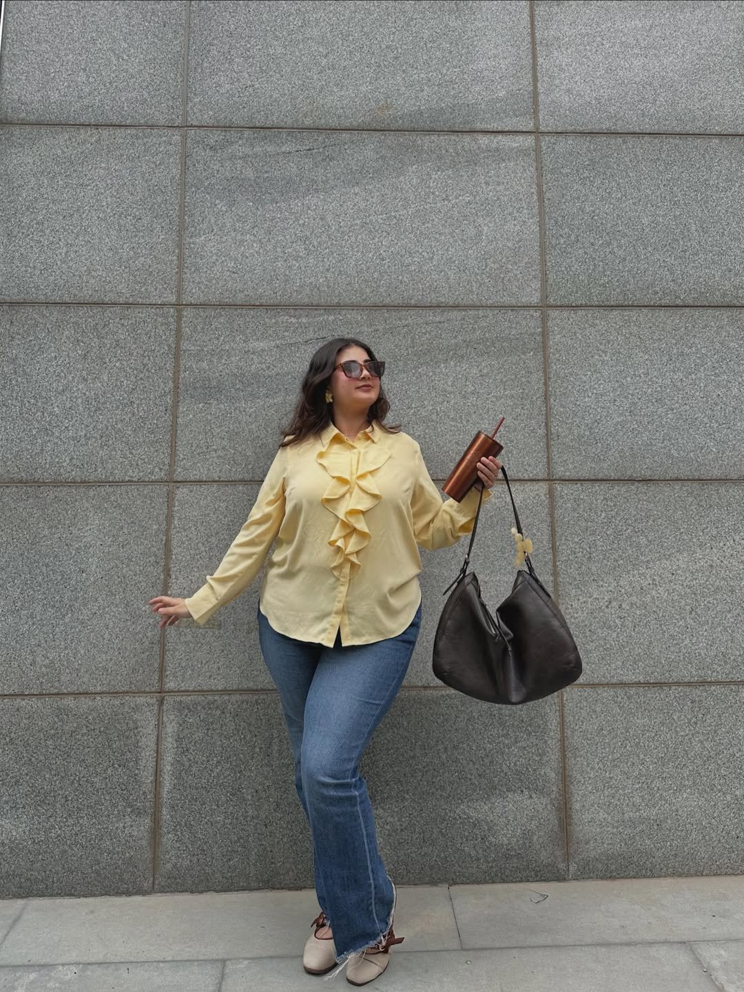 Sunny Yellow Ruffled Blouse and Classic Denim Casual Chictime