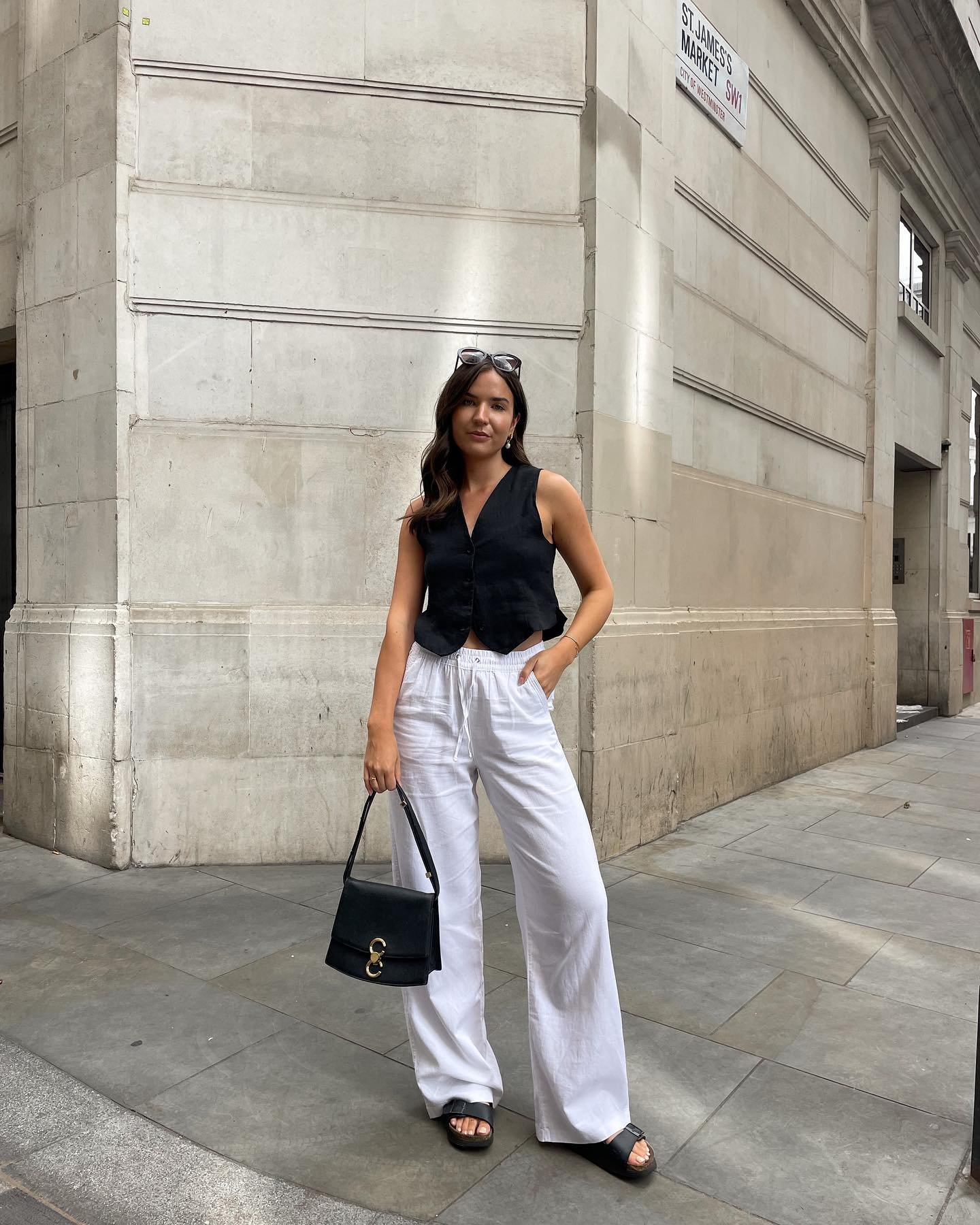Tailored Black Vest with White Linen Wide-Leg Trousers