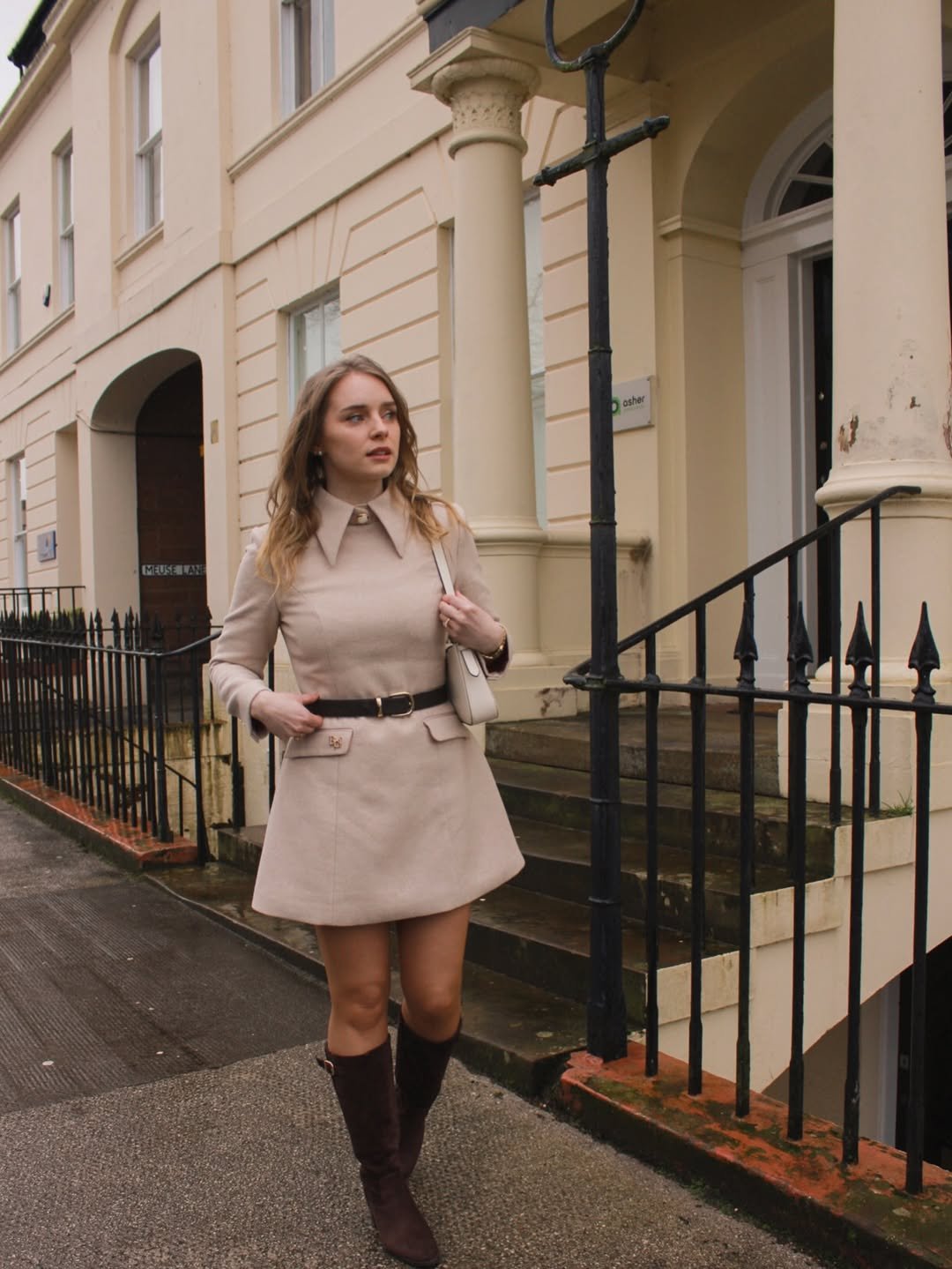 Tailored Neutral A-Line Dress Sophisticated Country Club Elegance