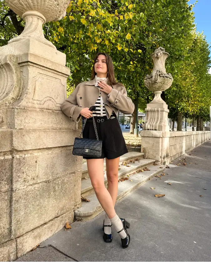 Taupe Cropped Jacket With Black Shorts For Chic School Pickup Mom Style