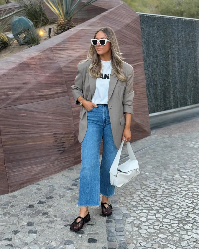 Taupe Oversized Blazer with Cropped Wide Leg Jeans
