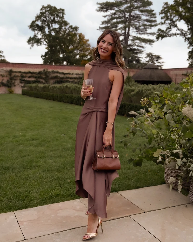 Taupe Wrap-Neck Midi Dress with Cape Detail and Garden Cocktail Setting