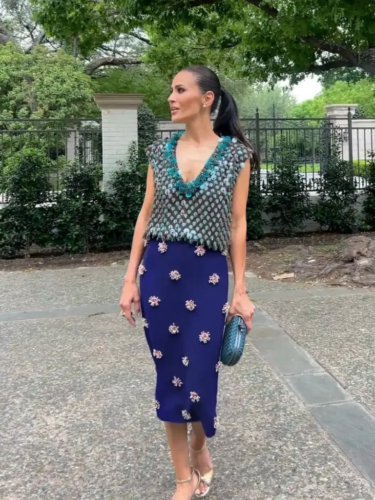 Teal Embellished Top with Navy Floral Midi Skirt at Garden Gala