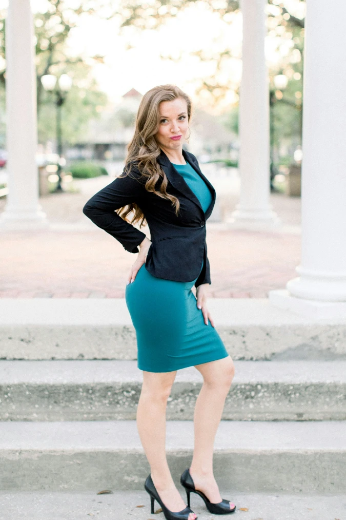 Teal Sheath Dress with Black Blazer and Peep Toe Heels