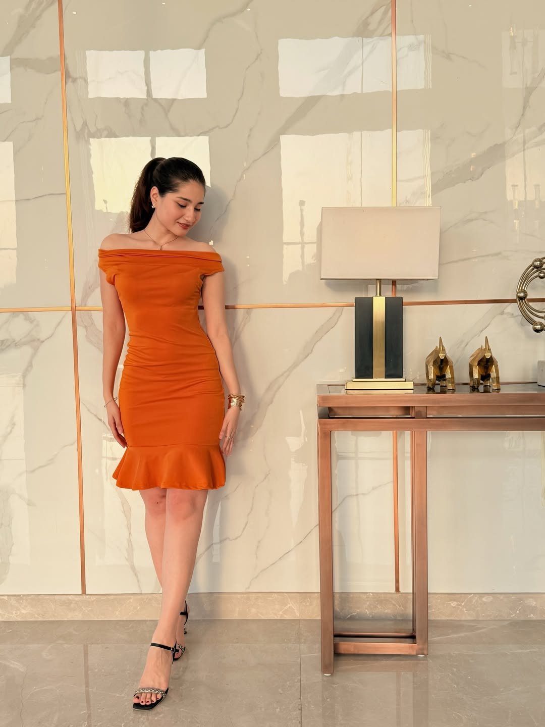 Terracotta Off the Shoulder Ruffle Dress