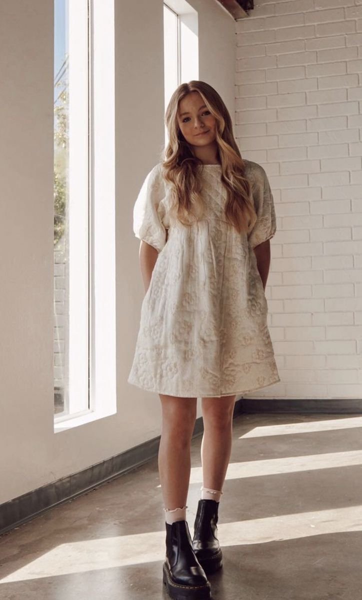 Textured Cream Babydoll Dress With Platform Boots for a Cute 13 Year Old's Weekend Look.