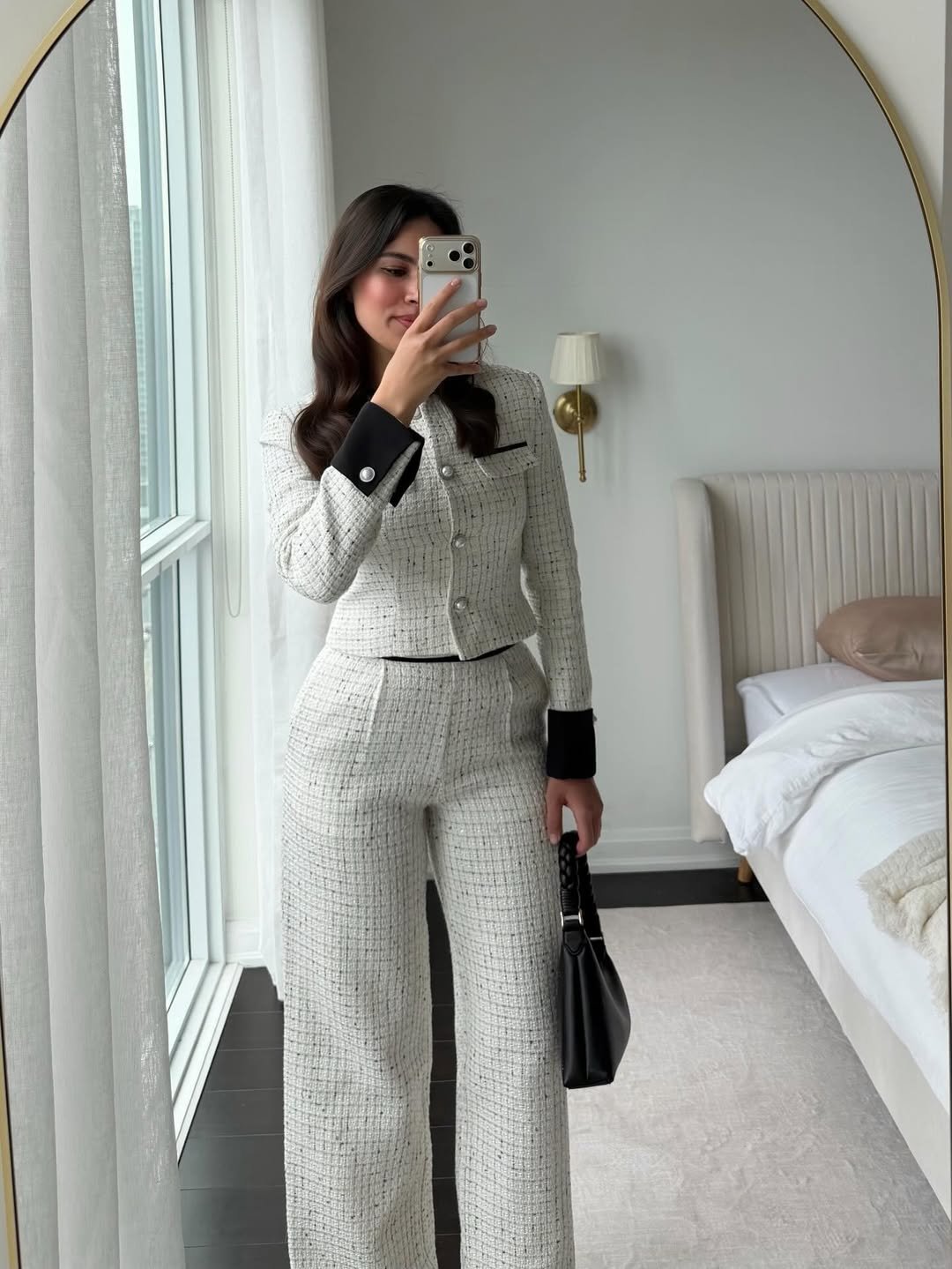Textured Cream Tweed Wide-Leg Power Suit Creative Industry Interview Style
