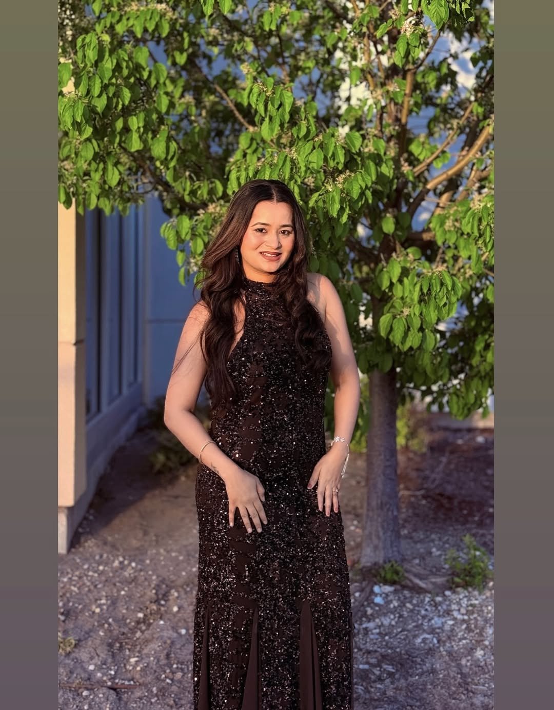 Textured Earth-Tone High-Neck Gown Elevated Glamour for High-End Creative Mixers