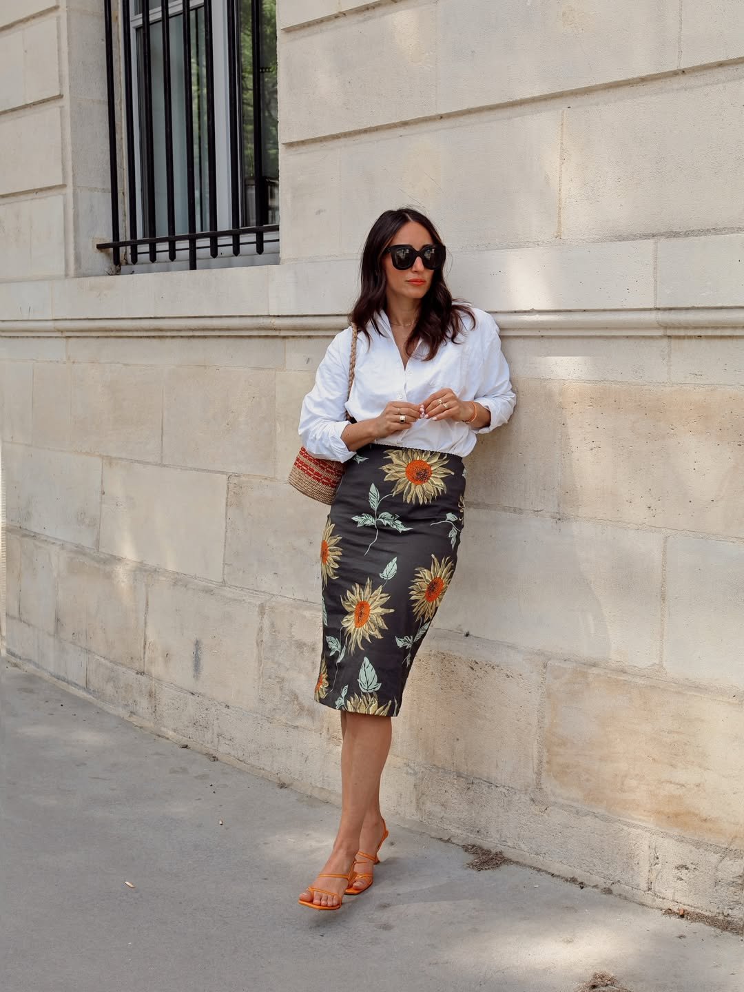 The Crisp Button-Down and Printed Midi Skirt