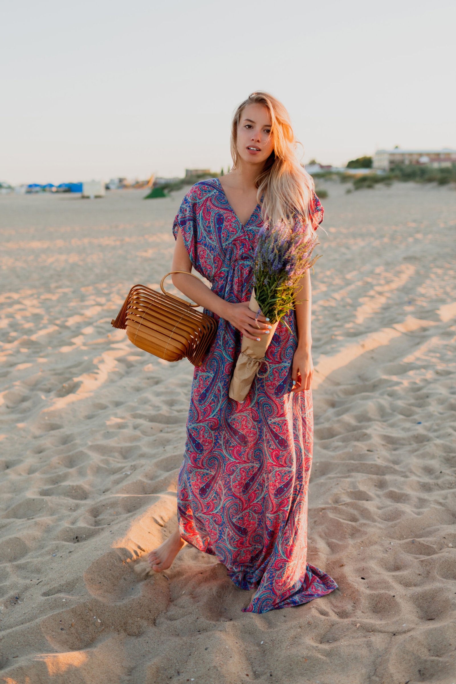 The Lavender Shoreline Maxi Dress and Bamboo Tote