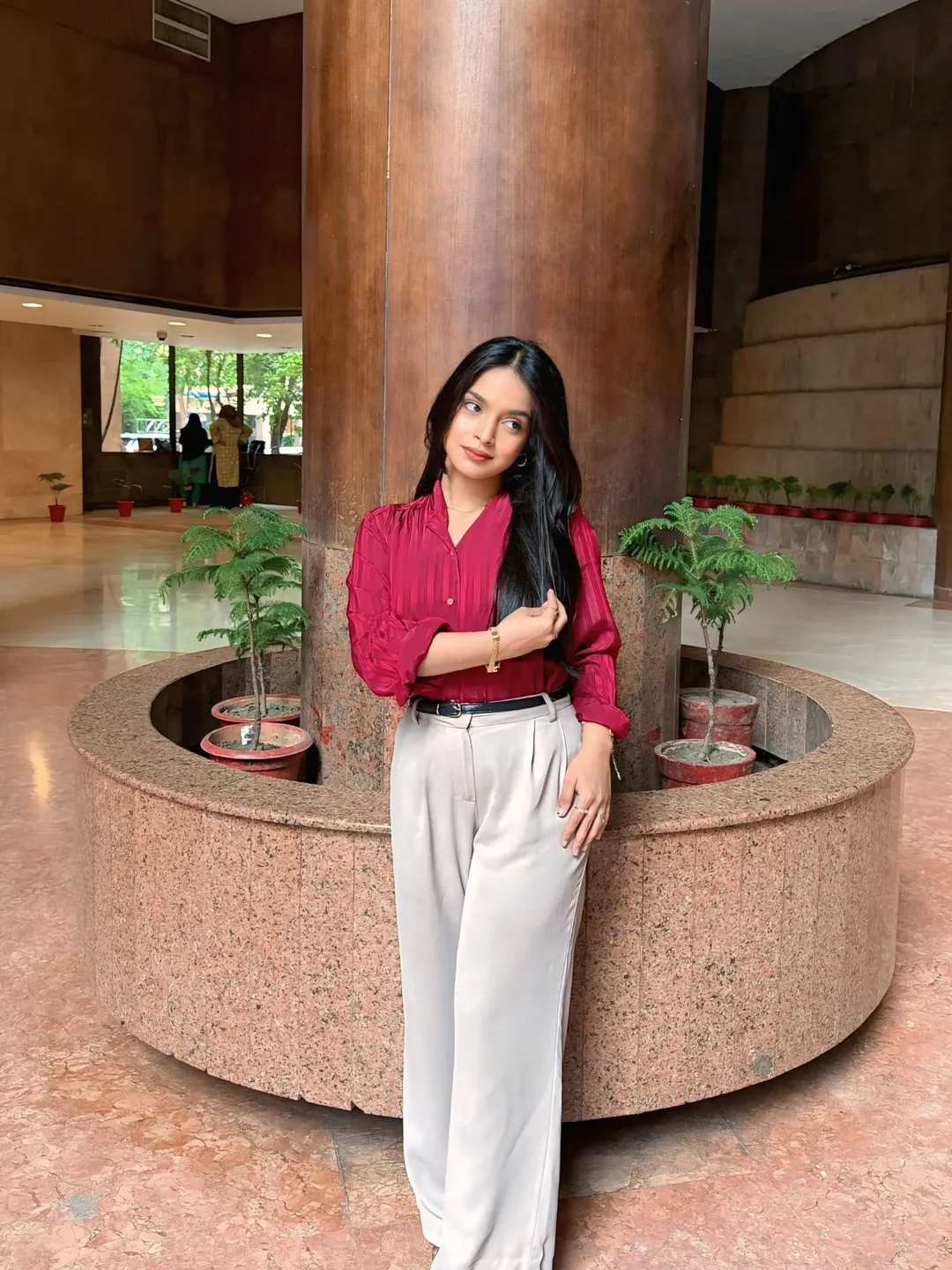 The Sophisticated Crimson Blouse and Tailored Trousers