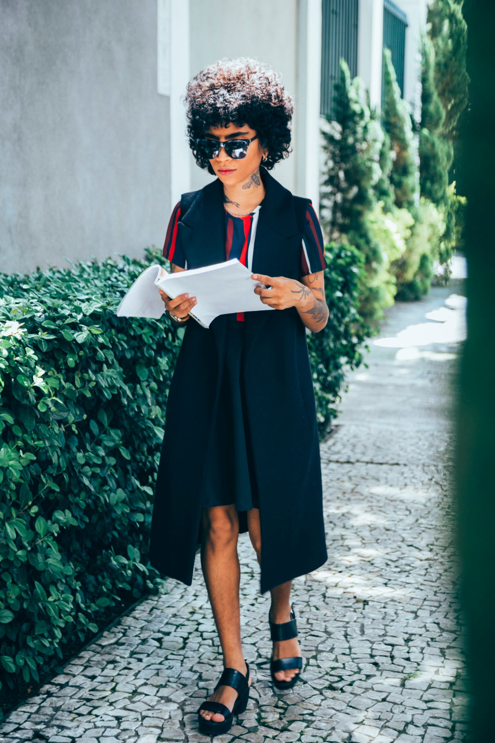 The Tailored Long Vest and Striped Shift Dress