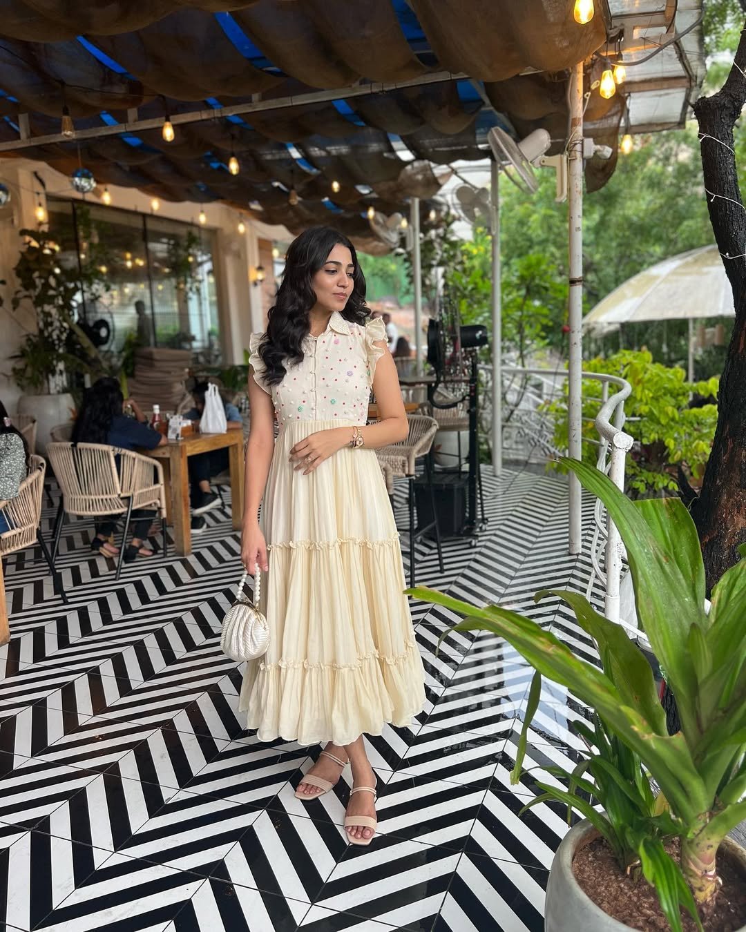 Tiered Cream Midi Dress with Confetti Embroidery and Flutter Sleeves