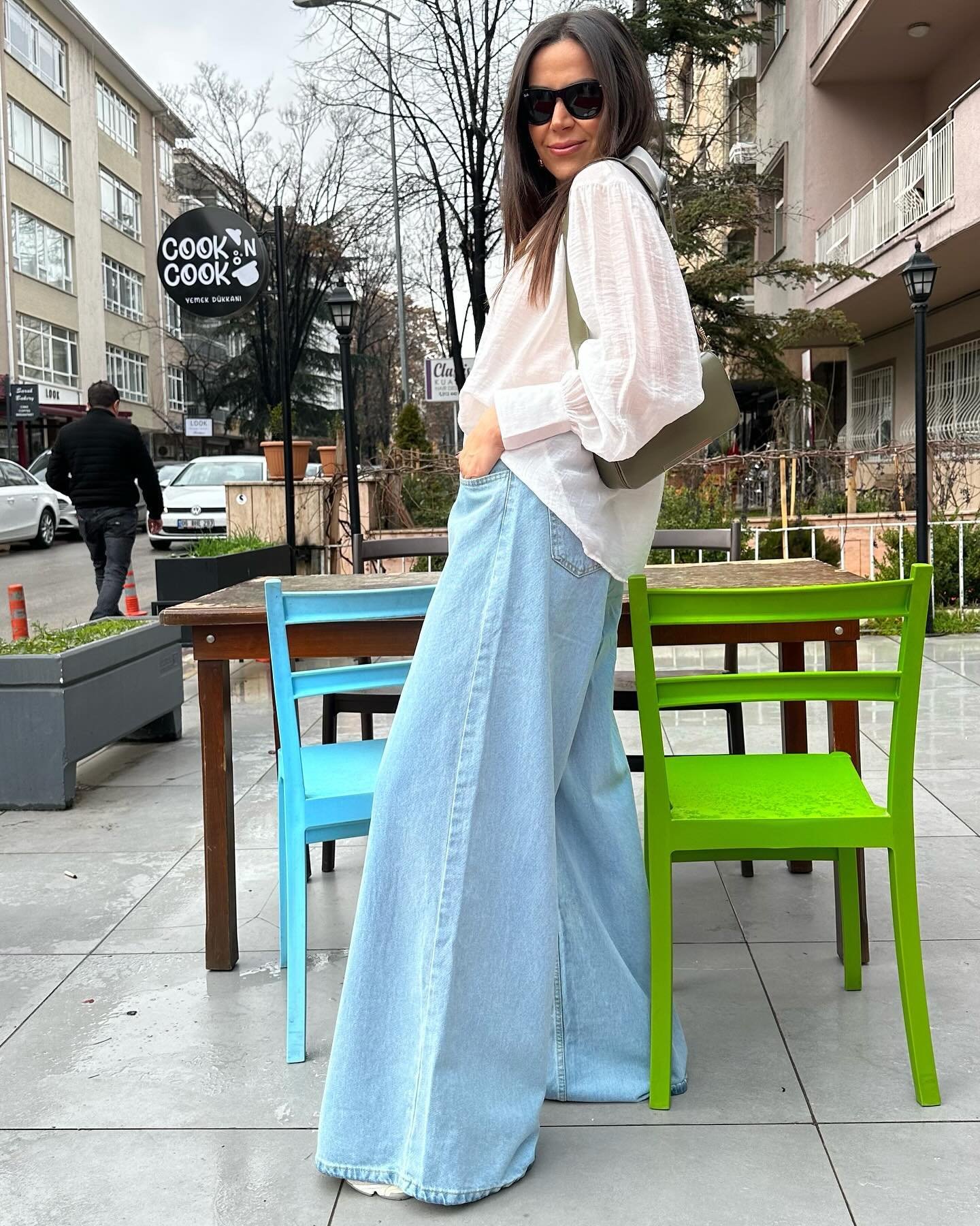 Ultra Wide-Leg Light Wash Denim with Sheer White Blouse