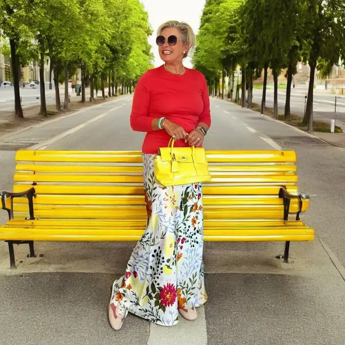 Vibrant Coral Knit and Floral Maxi Skirt for Cheerful Retirement Celebrations