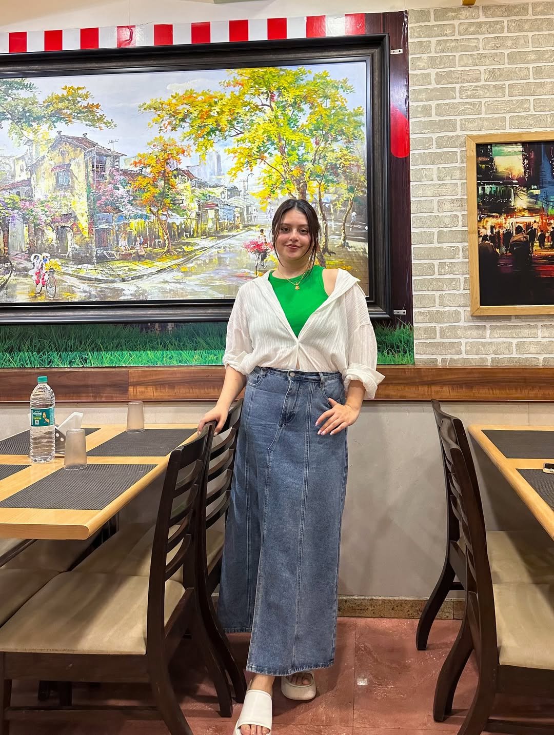 Vibrant Green Ribbed Tank & Flowing Denim Maxi Skirt Casual Weekend Styling